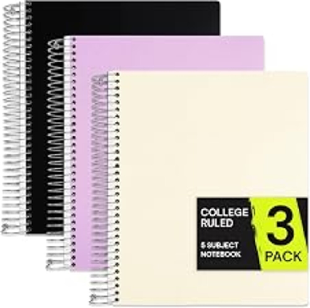 ONAVIA 5 Subject Spiral Notebook College Ruled 3 Pack, 400 Pages | 200 Sheets, 9 x 11 in, 6 Pack Waterproof Plastic Cover, Durable, School Notebooks, Classroom, Teachers