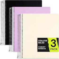 ONAVIA 5 Subject Spiral Notebook College Ruled 3 Pack, 400 Pages | 200 Sheets, 9 x 11 in, 6 Pack Waterproof Plastic Cover, Durable, School Notebooks, Classroom, Teachers