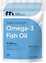 Micro Ingredients Triple Strength Omega-3 Fish Oil 4,200 mg Per Serving | EPA 1200mg + DHA 900mg Per Serving, Wild Caught Fish Source, Lemon-Flavored, 240 Softgels, Burpless, No Fishy Aftertaste.