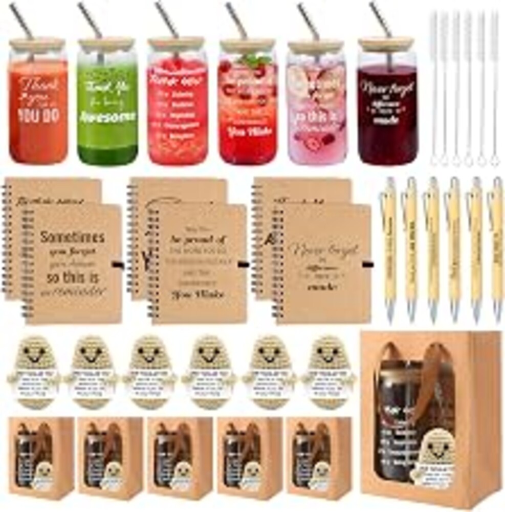 42 Pcs/6 Sets Employee Appreciation Gifts Bulk - Includes 16oz Glass Cups with Bamboo Lid, Positive Crochet, Inspirational Notebooks with Pens, Kraft Paper Gift Bags & Straw - Thank You Gifts for Coworkers, Teachers, Staff & Team