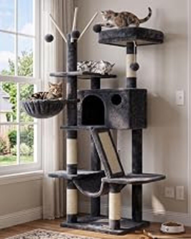 Hey-brother Cat Tree Tower with Padded Platform Bed, Hammock, MPJ019-SG | 53 Inches Cat House with Large Cozy Condo, Toy Balls and Sisal Scratching Posts for Indoor Multi-Cats, Smoky Gray