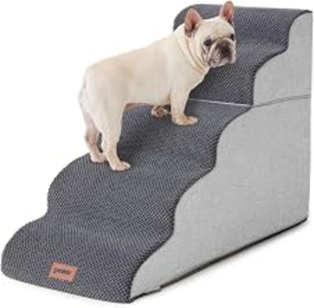 ZOMISIA Dog Stairs Ramp for High Beds Up to 25", 5 Step Pet Stairs Grey | Dog Steps 35D Foam for Couch, Fits Small to Large Dogs, Zipper Split Structure, Non-Slip Bottom, Washable Plush Cover