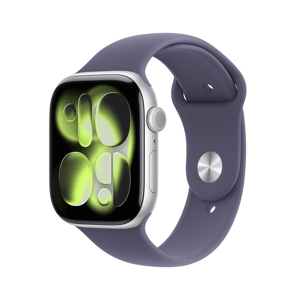 Apple Watch Series 11 [GPS 46mm] Smartwatch with Silver Aluminum Case with Purple Fog Sport Band - S/M