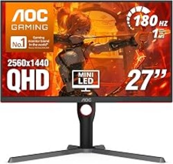 AOC 27 Inch Gaming Monitor QHD 180Hz Mini-LED HDR1000, Q27G3XMN | 3440×1440 Computer Monitor, 0.3ms, HDR400, USB 3.2, DP 1.4, HDMI 2.1, Height Adjustable Stand, Audio Out, VESA Mount