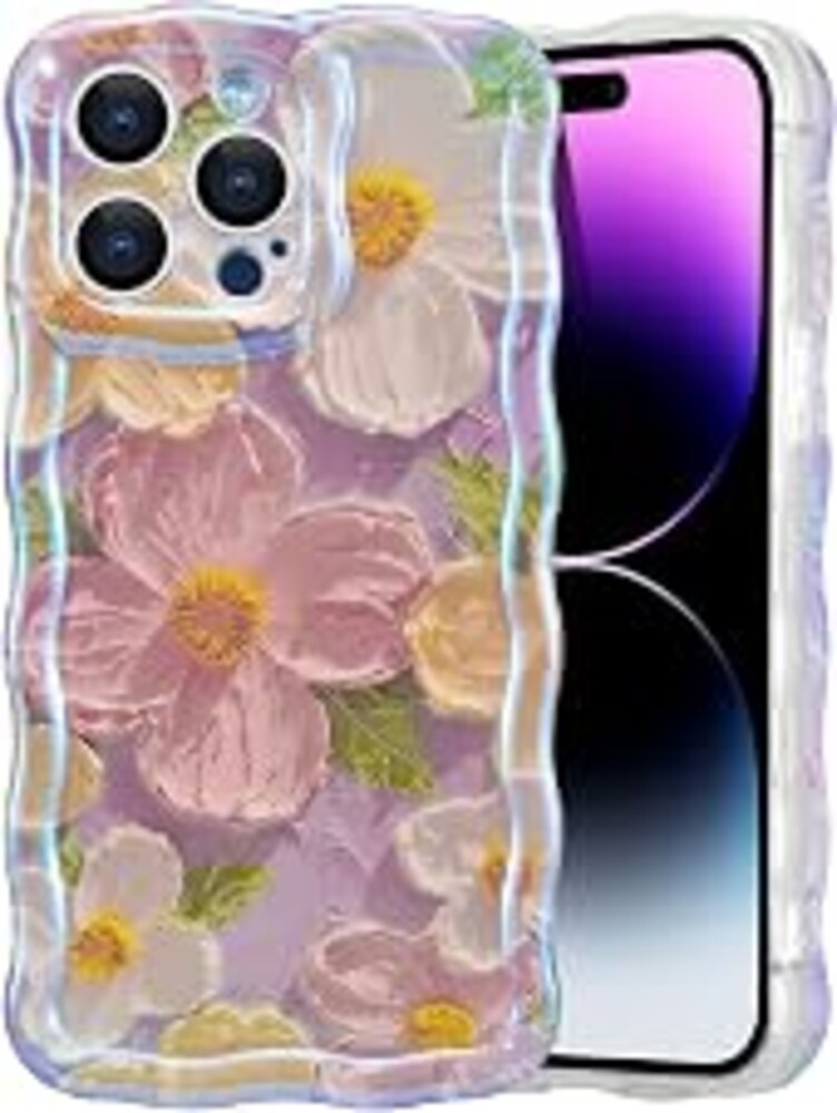 EYZUTAK Case for iPhone 14 Pro, Colorful Retro Oil Painting Flower, Pink | Laser Glossy Floral Pattern, Cute Curly Wave Edge, Exquisite Phone Cover, Stylish Durable TPU Protective Case for Girl Women