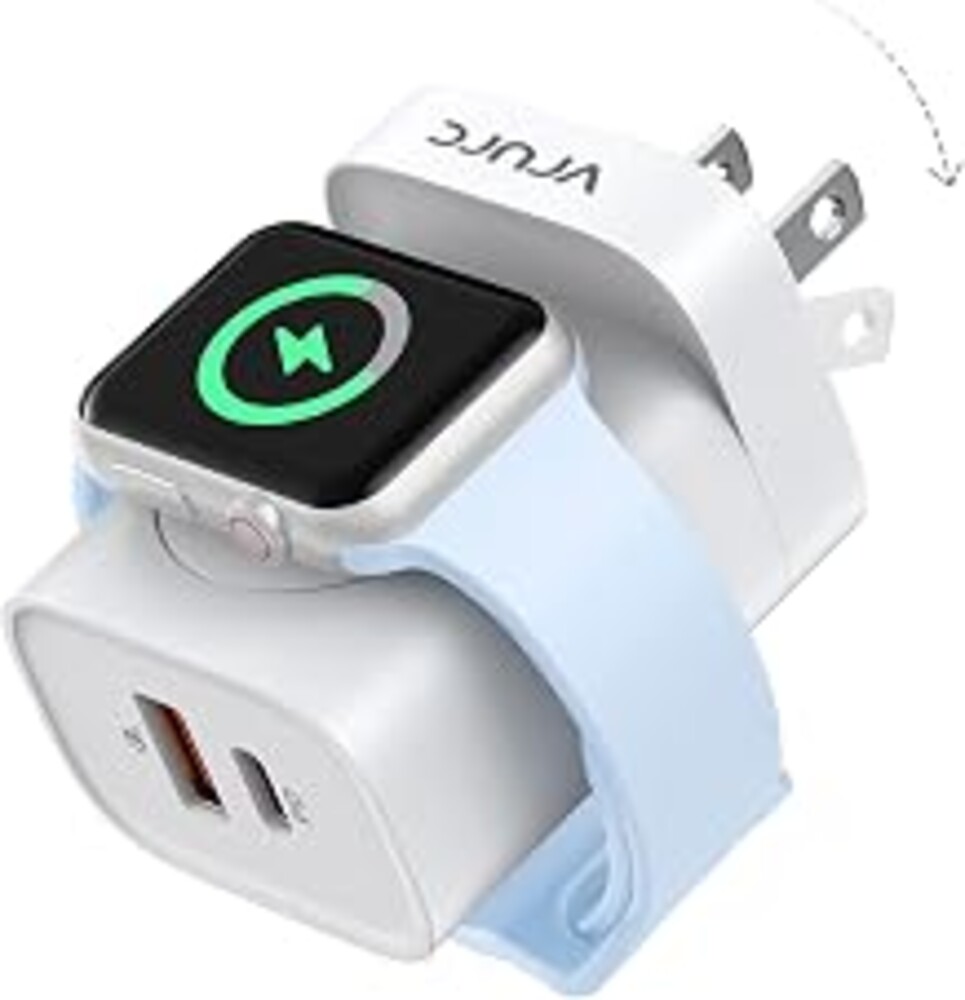 VRURC Fast Charger for Apple Watch, Built-in Wireless Magnetic Charging Station for iWatch SE/11/10/9/8/7/6/5/4, PD 20W USB C Charging Block, Foldable Wall Charger for iPhone 17/16/15/14/13-White
