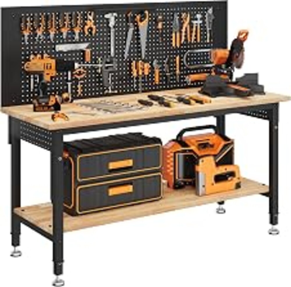 CAMMOO 60" Work Bench with Storage & Pegboard, 2000LBS Max Load, Storage Shelf & Power Strip