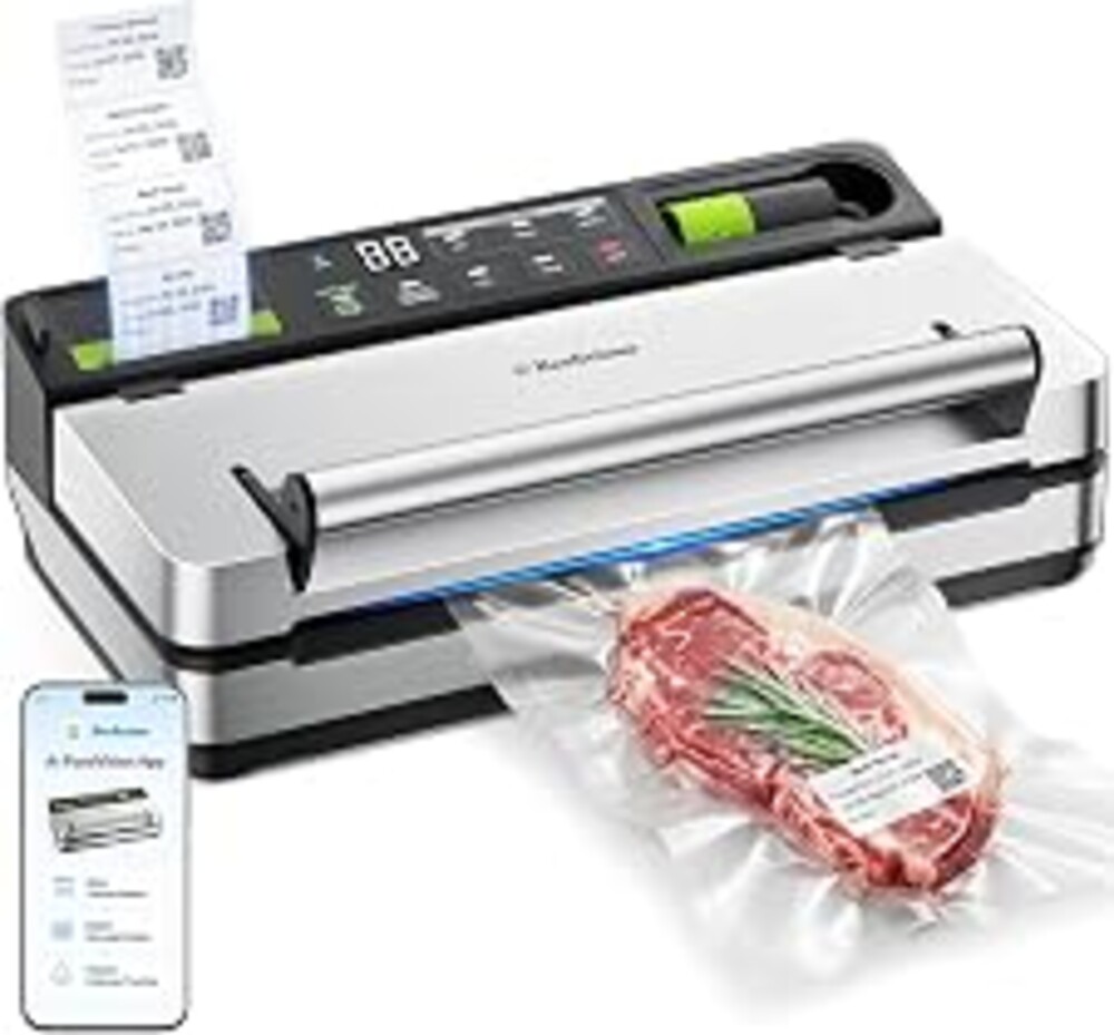 98kPa Vacuum Sealer with FoodTrace Label Printing & Food Management App, Dual-Pump Food Sealer with Double Heat Seal, Extra Moist Mode for Meal Prep, Sous Vide & Freezer Storage, VSP801, Silver
