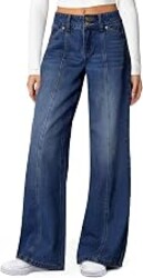 Sidefeel Women's High Waisted Wide Leg Stretchy Jeans | Soft Comfy Denim Pants, Seamed Front, Full Length, Double Buttons, Relxed Fit Trendy Jeans with Pockets, Casual Daily Wear