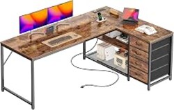 PRAISUN 61" L Shaped Desk with Power Outlets & 4 Drawers | Reversible Computer Desk with 2 Storage Shelves, Large Corner Office Desk for Gaming Writing Work Study, Rustic Brown