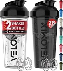 VELOMIX 2 Pack 28oz Protein Shaker Bottle for Protein Mixes, Black/Transpar | 2x Wire Whisk, Leak Proof Shaker Cups for Protein Shakes, Stackable, Dishwasher safe, BPA free, Pre Workout and Fitness ready