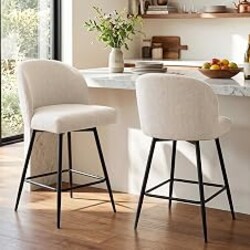 VATROS Counter Height Bar Stools Set of 2, 360° Swivel Upholstered Barstools with Backs and Metal Legs, 26" H Seat Height, Linen Fabric in Beige