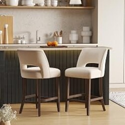 VKNOW Bar Stools Set of 2, 26" Fabric Counter Height Bar Stools, Beige | Modern Upholstered Counter Stools with Rubberwood Legs for Kitchen Island Dining Room Bar