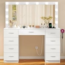 Quimoo Vanity Desk with Glass Top & Large Lights Mirror, 3 Adjustable Lighting Color, 44" Makeup Vanity Desk with 9 Drawers and 12 LED Lights, Vanity Table, Dressing Table for Bedroom(White)
