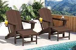 SERWALL 2-Pcs HDPE Folding Adjustable Adirondack Chair with Ottoman, Coffee | Outdoor Reclining Adirondack Chair with 2 Cup Holders, All Weather Adirondack Recliner with Ottoman for Patio, Poolside