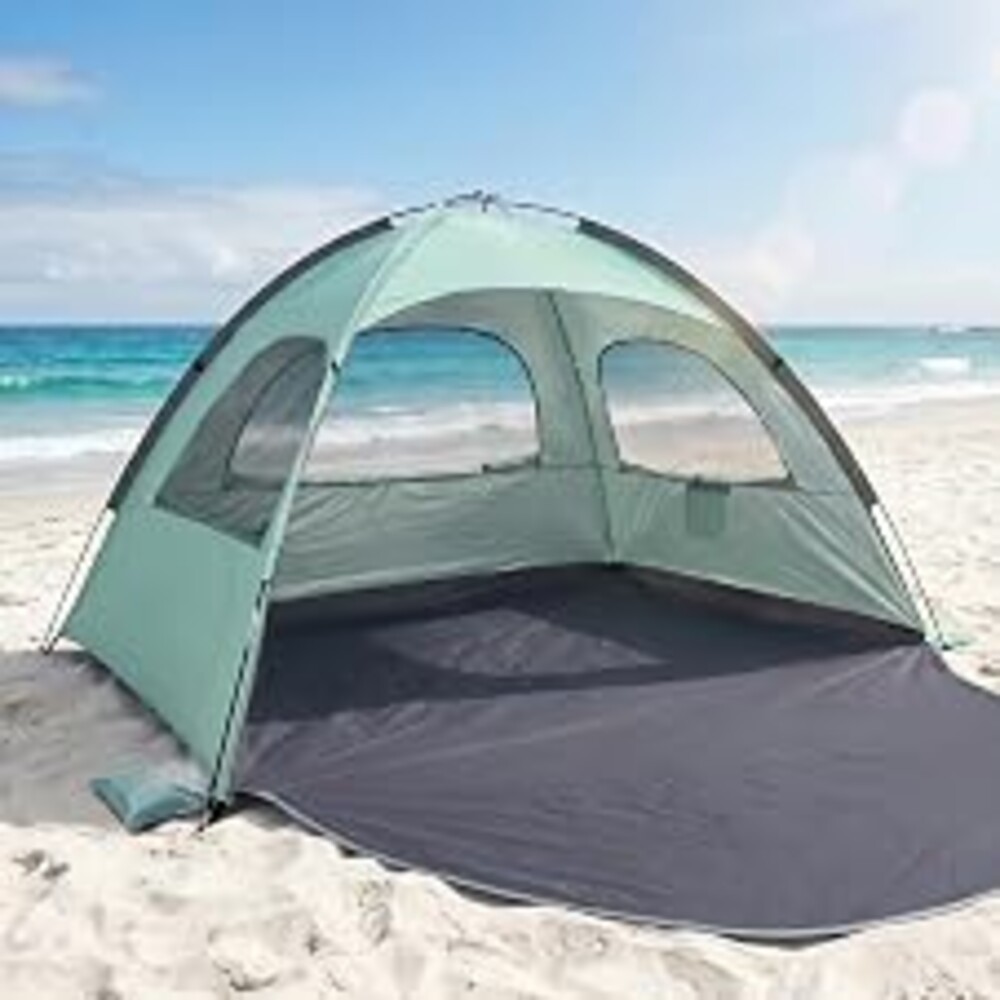 WhiteFang Beach Tent Anti-UV Portable Sun Shade Shelter for 3/4/6/8 Person, Extendable Floor with 3 Ventilating Mesh Windows Plus Carrying Bag, Stakes and Guy Lines