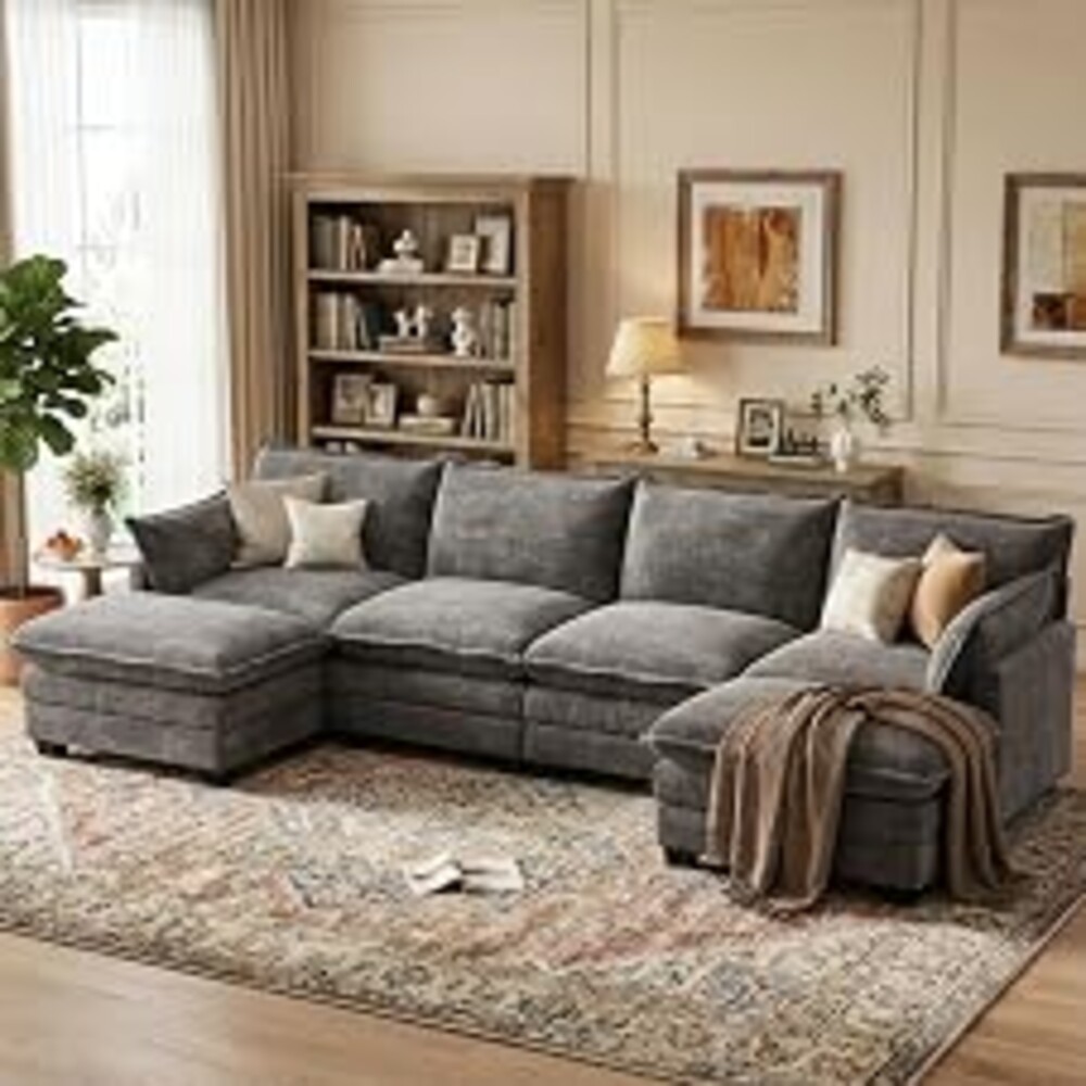 OhaiAura U Shaped Modular Sectional Couch, Comfy Sofa for Living Room | Comfortable Foam Cushions, Sturdy Frame, Appealing Look, Easy Assembly, Soft Chenille Fabric, Movable Ottoman, Dark Gray