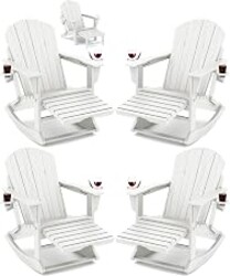 KINGYES Adirondack Rocking Chair Set of 4 with Ottoman and Cup Holders | HDPE Porch Rocker, White