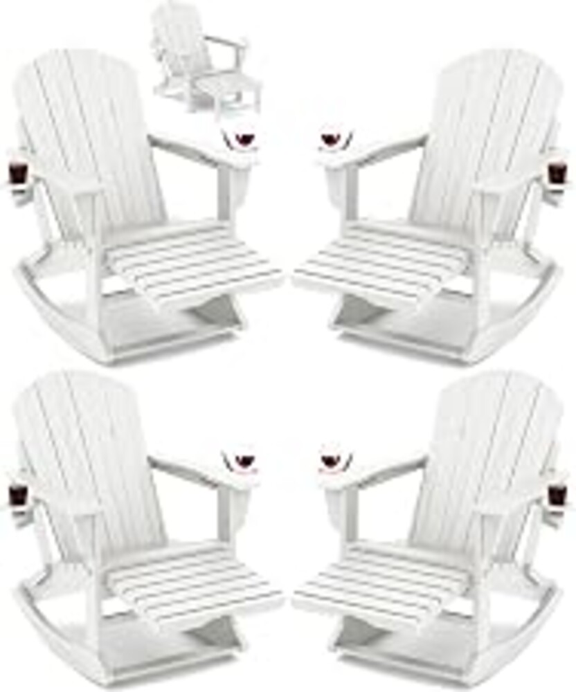 KINGYES Adirondack Rocking Chair Set of 4 with Ottoman and Cup Holders | HDPE Porch Rocker, White