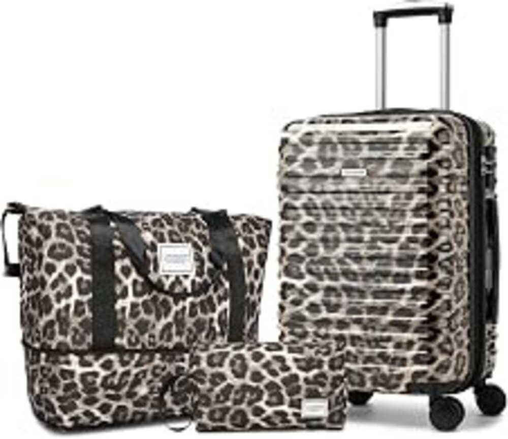 LARVENDER Expandable Carry on Luggage 20inch Suitcase with Wheels, Cheetah | 22x14x9 Airline Approved, Leopard Prints PC+ABS Hardshell, Expands 2", 360° Spinner Wheels, TSA Lock, 3-Piece Set with Duffel