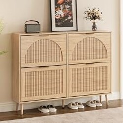 BORNOON Shoe Cabinet for Entryway with 4 Flip Drawers, Slim Wooden Shoe Storage Organizer with Modern Fluted Pannel，Freestanding Narrow Hidden Shoe Rack for Hallway, Foyer, Living Room