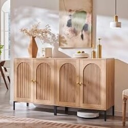 IFGET 61.75" W Modern Arched Sideboard Buffet Cabinet with Storage, Natural | Fluted Arch Sideboard Cabinet w/Adjustable Shelves, Wooden Modular Kitchen Cabinet for Dining& Living Room, Entryway
