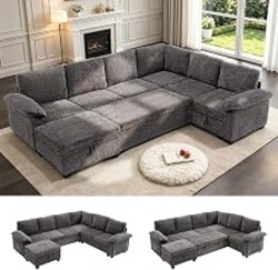 108 Inch Modular Sectional Sleeper Sofa with Pull Out Bed,L Shaped 7 Seat Sectional Couch with Storage, Modern Chenille Cloud Couch, Convertible Sectional Couches for Living Room, Apartment, Gray