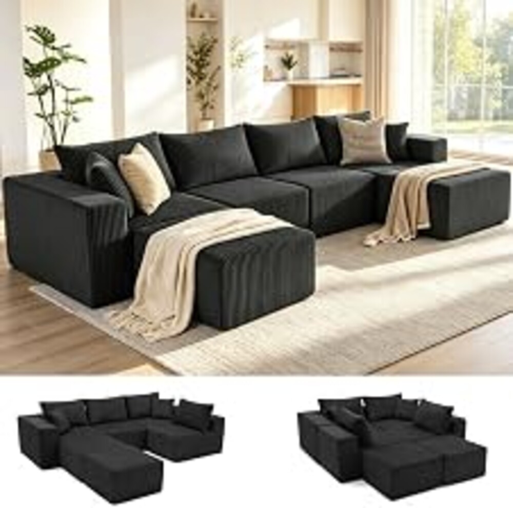 135.4" Modular Boneless Couch, Sectional Couches for Living Room, Black | Deep Seat Modular Sectional Sofa for Living Room, Upholstered Corduroy Couch for Apartment, Converts to Bed, Movie Nights