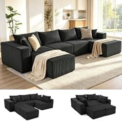 135.4" Modular Boneless Couch, Sectional Couches for Living Room, Black | Deep Seat Modular Sectional Sofa for Living Room, Upholstered Corduroy Couch for Apartment, Converts to Bed, Movie Nights