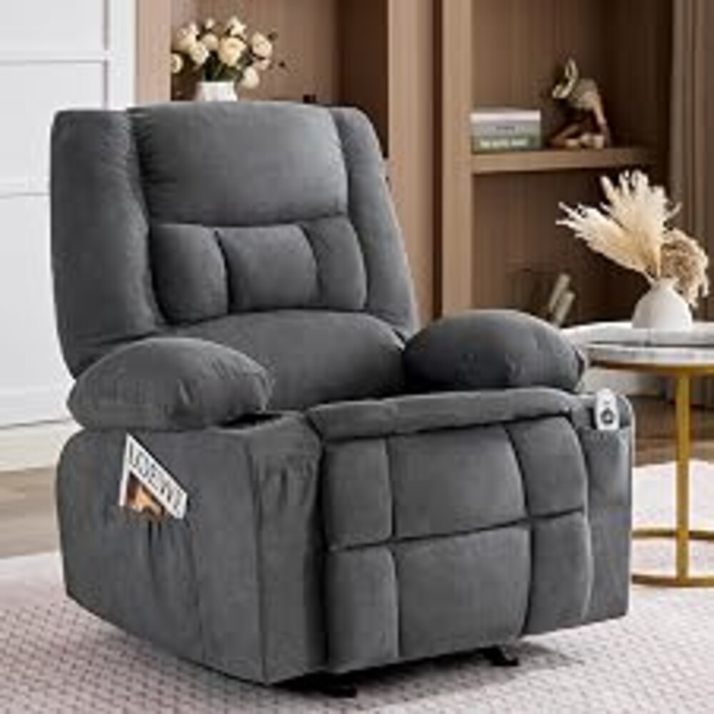 Rocker Recliner Chair with Massage and Heat, Nursery Rocking Chairs for Living Room, Comfy Relining Chair with Cup Holders, USB Charge Port, Side Pockets, Ergonomic Single Sofa, Grey