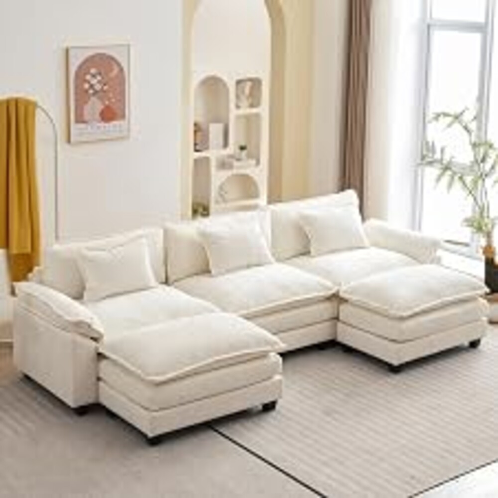 Oprisen 120" Modular Sectional Sofa, Comfy Deep Cloud Couch with Ottoman | U-Shaped Couches for Living Room, Modular Couch, Deep and Wide Seat, Chenille Sofa Sleeper with Throw Pillows, Beige White