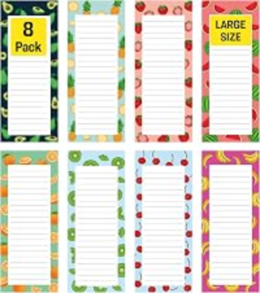Large Magnetic Notepads for Fridge, 8 Pack Grocery List, Fruit, 60 Sheets | Strong magnetic back, 60 sheets per pad, 9 x 3.5 in, big shopping and to do list pads, fridge memo pads