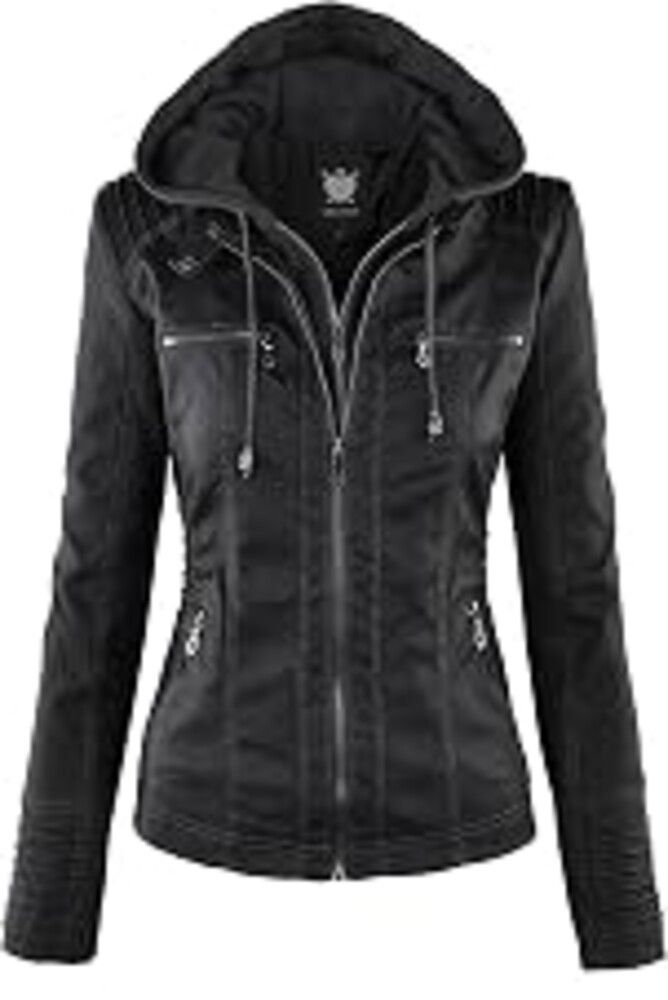 Lock and Love Women's Faux Leather Moto Biker Jacket Coat with Removable or Non-Removable Hood