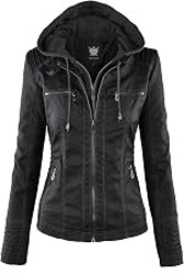 Lock and Love Women's Faux Leather Moto Biker Jacket Coat with Removable or Non-Removable Hood