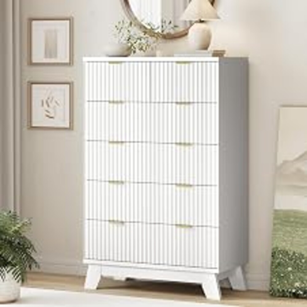 Xixini Fluted Dresser for Bedroom with 6 Drawers, 46" Tall Modern Chest of Drawers with Metal Handle, Wooden Dresser TV Stand, Wood Closet Clothes Storage Organizer for Living Room, Hallway, White