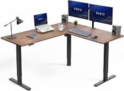 VIVO Dark Walnut 63 x 55 in Corner Standing Desk, DESK-E3CTD | Electric, Holds 225 lbs, Reversible L-Shaped Table, Sit Stand, Height Adjustable, Memory Presets, Black Frame