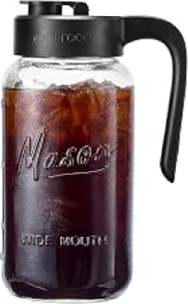 Spreccio Mason Jar Pitcher, 64 oz (2 quart), Glass Pitcher with Lid | Airtight, Leak proof, Ergonomic Handle, Pour Spout Lid, Fridge Safe, for Sun Tea, Iced Tea, Cold Brew, Lemonade, Outside