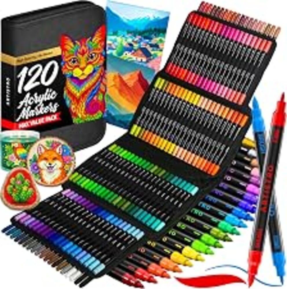 ARTISTRO Acrylic Paint Markers, Dual-Tip Paint Pens, Black 120 Pack | Brush & Fine Precision Tips, Painting & Calligraphy, Multisurface for Fabric, Rock, Glass Painting, Wood, DIY, Craft, Canvas