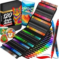 ARTISTRO Acrylic Paint Markers, Dual-Tip Paint Pens, Black 120 Pack | Brush & Fine Precision Tips, Painting & Calligraphy, Multisurface for Fabric, Rock, Glass Painting, Wood, DIY, Craft, Canvas