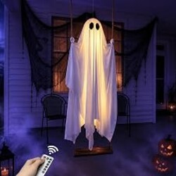 Large 5ft Pre-Assembled Hanging Swing Ghost Halloween Decorations Outdoor | Ready to Hang Setup, Height-Adjustable Swing, Timer Remote Lights Strings, Draped Smooth Fabric, Porch Yard Lawn Tree Decor