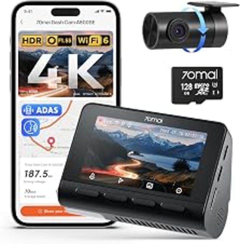 70mai 4K Dash Cam Front and Rear, Built in Wi-Fi 6 & GPS Car Camera, Super Night Vision, ADAS, 3'' IPS Screen, 24H Parking Mode, Time-Lapse, Loop Recording, with 128GB Card (A800SE)