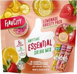 FlavCity Anytime Essential Lemonade Variety Pack - Powder Drink Mix Packets with Collagen - Lemonade Packets in 3 Flavors - Water Flavoring with Collagen, Fiber & Electrolytes (30 Stick Packs)