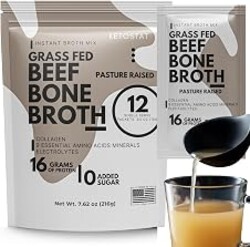 Ketostat Bone Broth Packets Grass-Fed Beef 18g Protein Powder 12 Ct. | 16g hydrolyzed collagen, amino acids and electrolytes, sipping formula, on-the-go single serve, meal companion, travel size