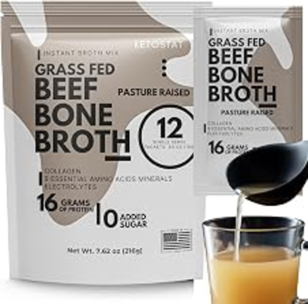 Ketostat Bone Broth Packets Grass-Fed Beef 18g Protein Powder 12 Ct. | 16g hydrolyzed collagen, amino acids and electrolytes, sipping formula, on-the-go single serve, meal companion, travel size