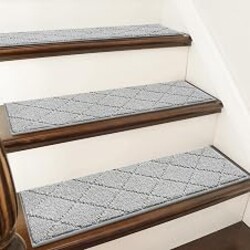 COSY HOMEER Edging Stair Treads Non-Slip Carpet Mat 28inX9in,10pc,Grey | Indoor Stair Runner for Wooden Steps,Washable Adhesive Stairs Rugs for Kid,Elder,Dog,Polyester Carpet Stair Treads,TPE Back