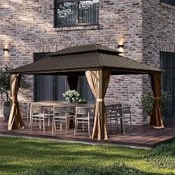 Domi 10x14 Outdoor Hardtop Gazebo, Metal Gazebo for Patios, Brown | 4’’ Thick Posts, Galvanized Steel Double Roof, Heavy Duty Curtains and Netting Included, Pergola for Backyard, Deck, Lawn