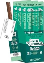 New Primal Lightly Peppered Turkey Sticks, 20 Count | All Natural, Healthy Snacks for Adults, 7g Protein, Zero Sugar, 45 Calories, Keto, Gluten Free, Low Carb, Jerky Meat Stick