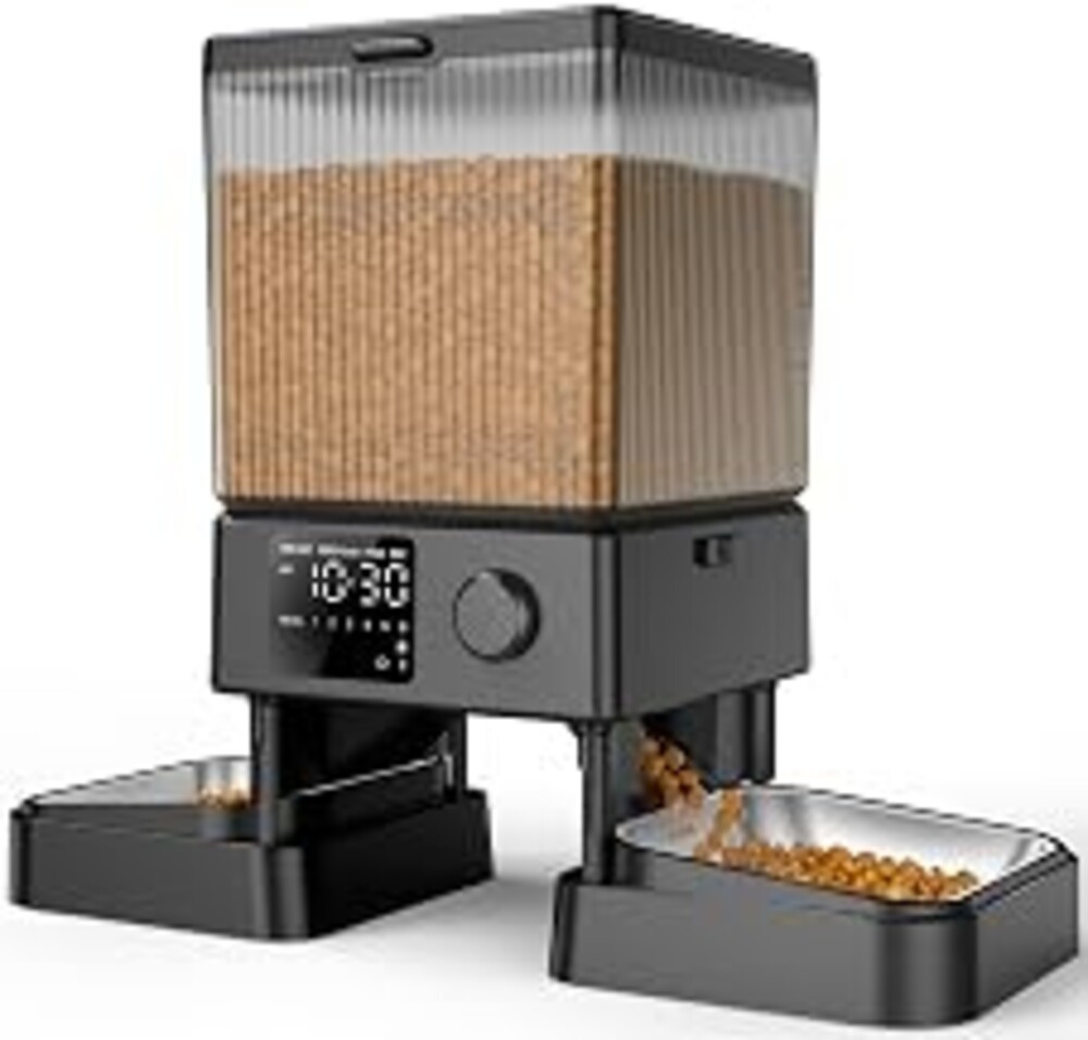 oneisall Automatic Cat Feeder for 2 Cats Pets, Timed Cat Food Dispenser | 20 Cups/5L, Prevent Fighting, Precise Portion, Balanced Dispense, Non-Slip & Stable, Voice Recorder, Stainless Steel Bowls
