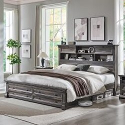 King Size Bed Frame with 54" Tall Headboard with 4 Storage Rack, 2 Drawers | 18" Roman Column Decoration Footboard, Farmhouse Wood Platform Bed Frame, No Box Spring Needed(Dark Rustic Oak)