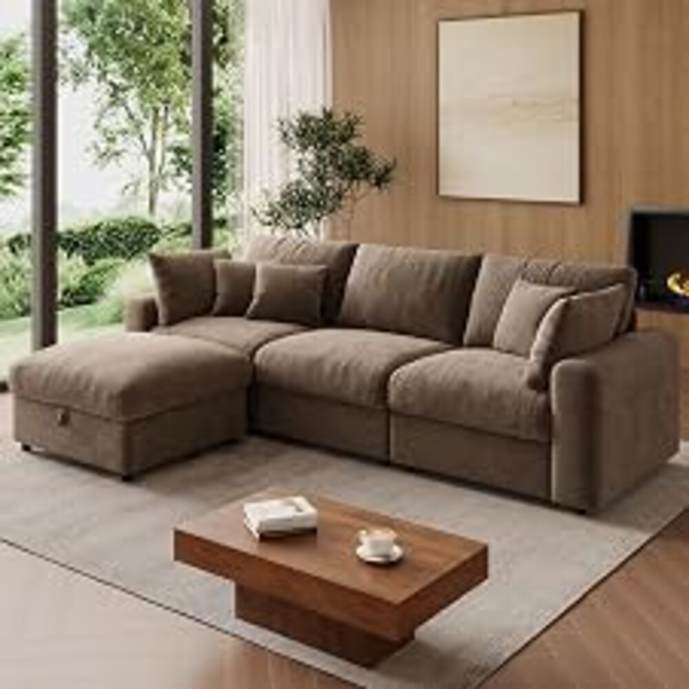 WorthFurni 110” Cloud Sectional Couches for Living Room, Modular Sectional Sofa with Deep Seat, Convertible L-Shape Couch with Storage Ottoman for Bedroom Apartment, Chenille (Brown)